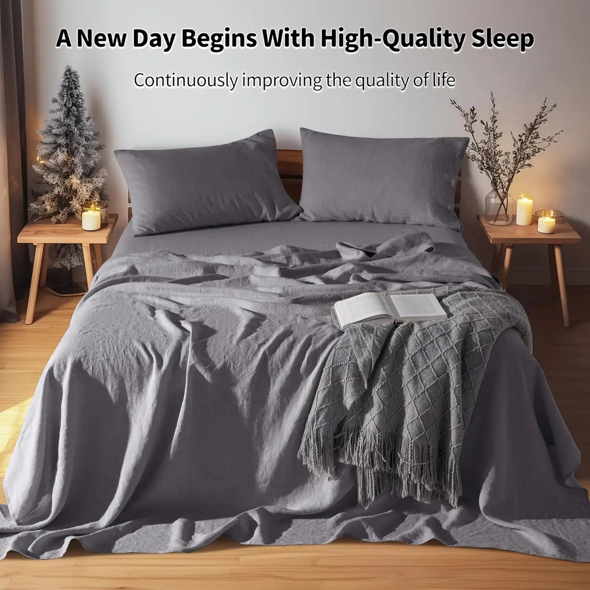 A gray French stone washed linen bedding set featuring pillows and a duvet on a bed.
