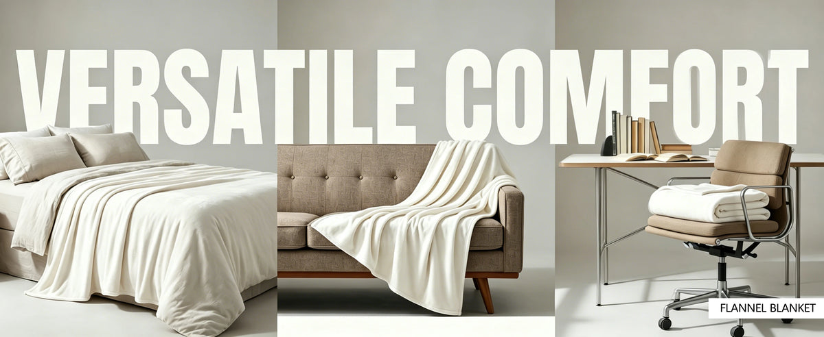 A beige flannel blanket draped over a sofa and a white duvet on a bed.