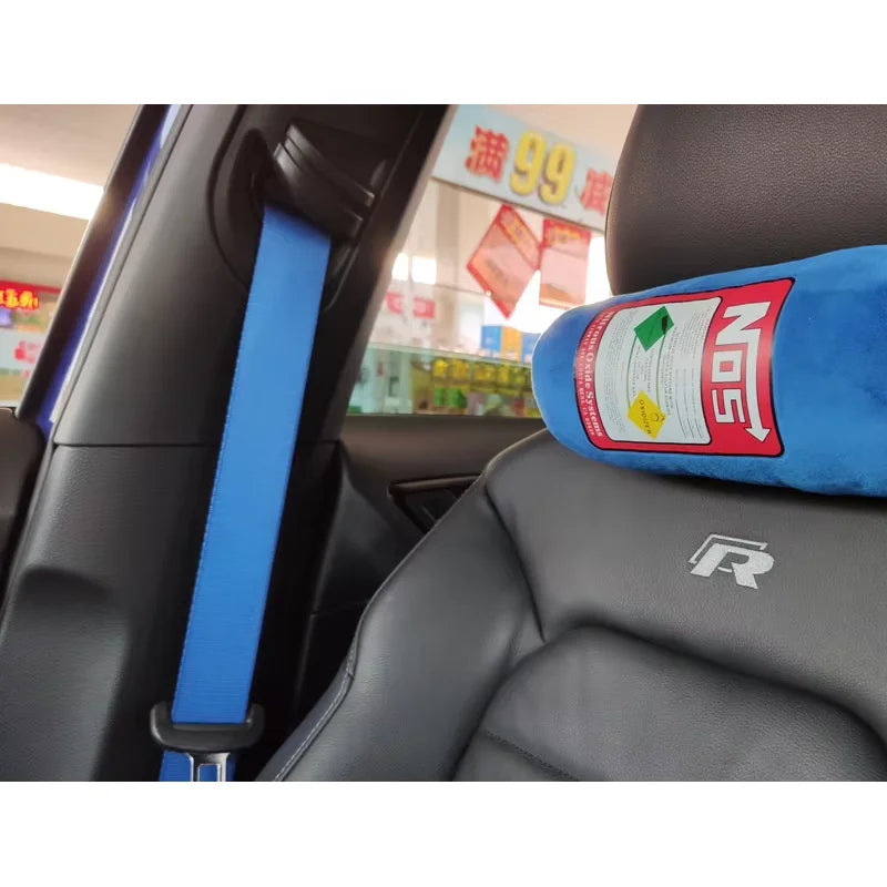 A blue car neck pillow and waist cushion set is shown inside a car seat.