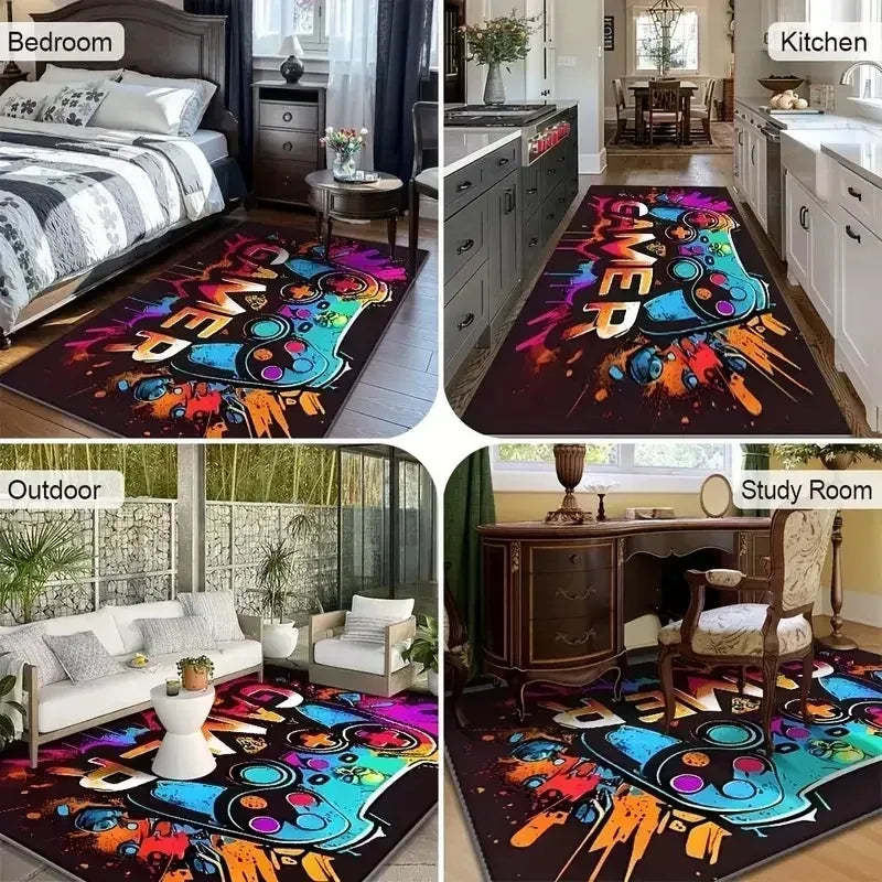 A vibrant bohemian Persian area rug featuring colorful abstract designs and rich earthy tones.