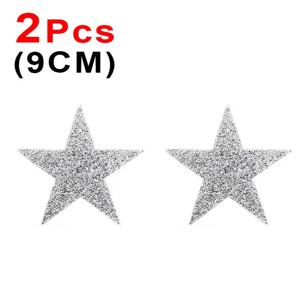 Two silver glitter rhinestone star iron-on patches, 9cm each.