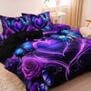 A purple and black duvet cover featuring a pattern of butterflies and roses with glowing heart designs.