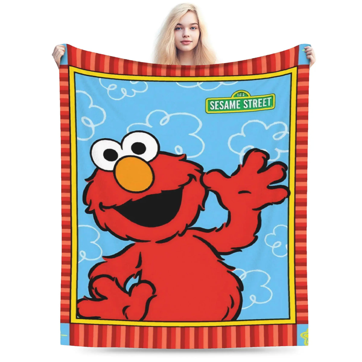A plush blanket featuring the Sesame Street Elmo Friends cartoon design with a striped border.