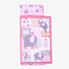 A pink toddler nap mat set featuring a pillow and a fleece blanket with elephant and bird patterns.