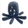 A dark blue stuffed dragon plush toy with small white embroidered eyes and multiple flippers.
