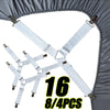 Gray bed sheet gripper straps with clips shown against a gray fabric background.