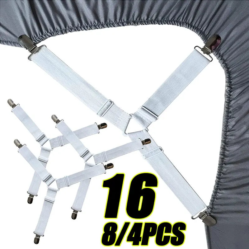 Gray bed sheet gripper straps with clips shown against a gray fabric background.