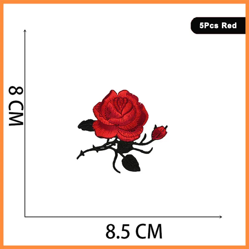 A set of five red rose embroidered iron-on patches shown on a white background.