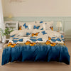 A blue and white butterfly print duvet cover set with matching pillowcases displayed on a bed.