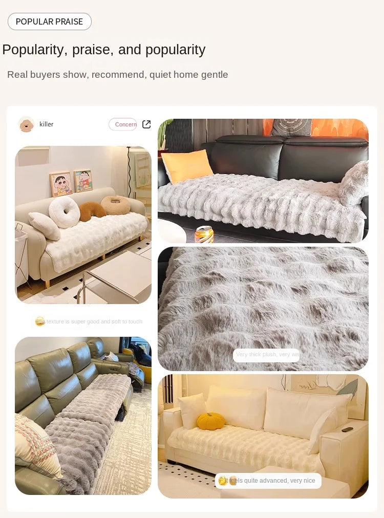 A plush rabbit fur sofa cushion cover displayed on a beige sofa, showing its texture and softness.