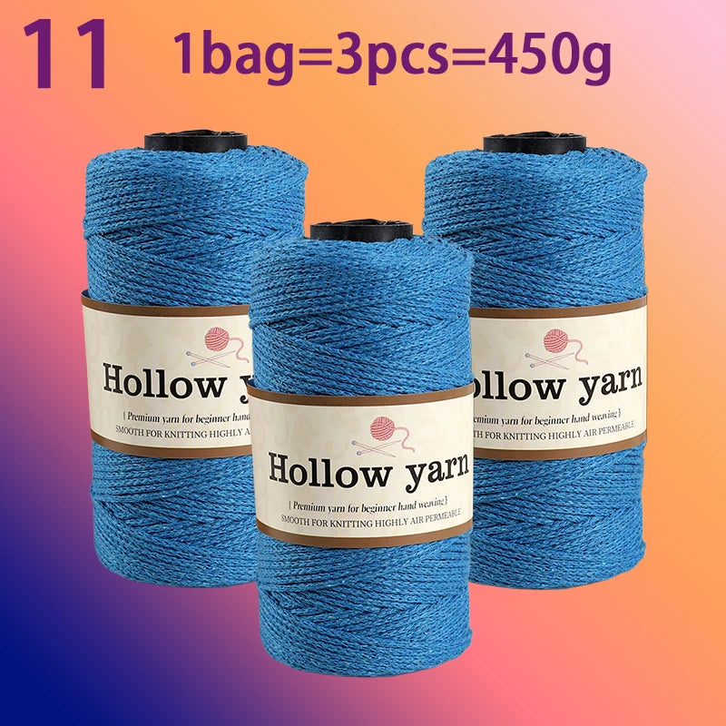 Three spools of Hollow yarn, blue in color, packaged as 1 bag equals 3 pieces and weighs 450g.
