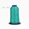 A spool of teal polyester embroidery thread labeled Col. 1671.