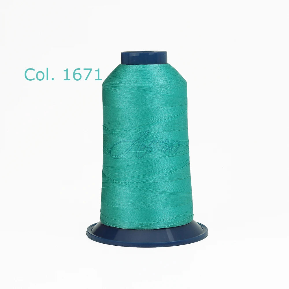 A spool of teal polyester embroidery thread labeled Col. 1671.