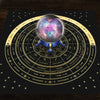 A dark background with a zodiac wheel featuring constellations and planets, centered by a glowing sphere.
