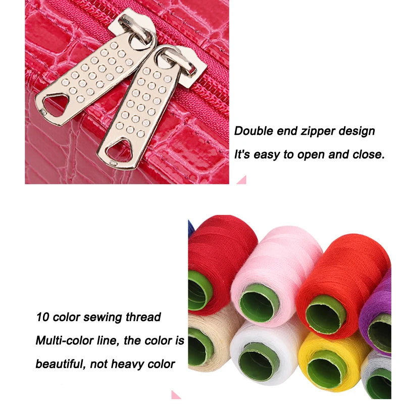 A double end zipper design is shown on a pink fabric, alongside 10 colors of sewing thread.