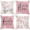 Pink decorative pillow covers featuring floral and script designs for spring and family themes