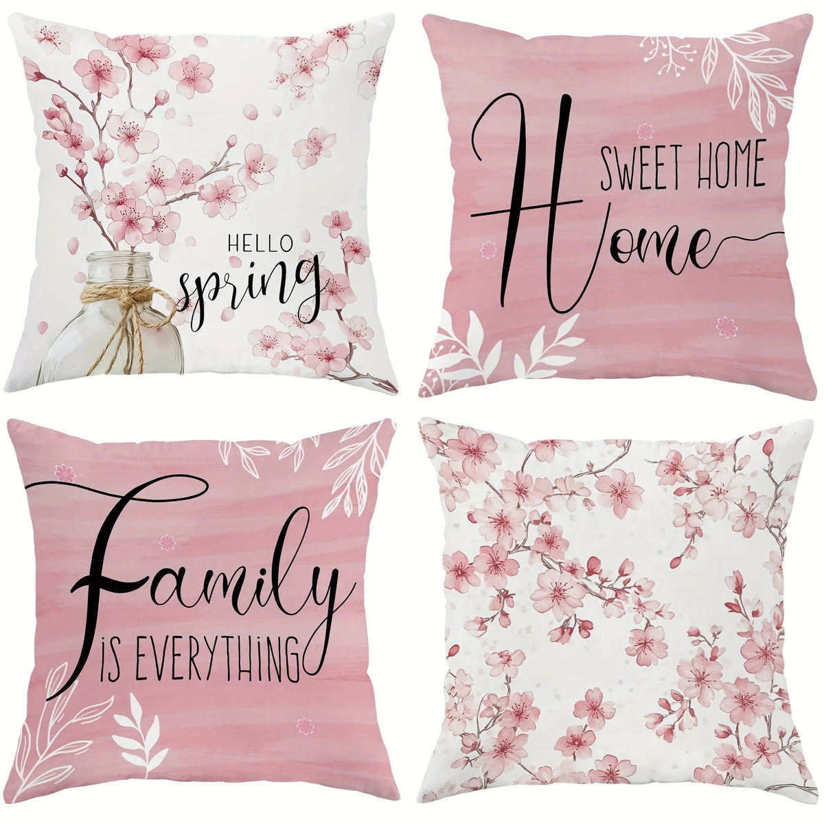 Pink decorative pillow covers featuring floral and script designs for spring and family themes