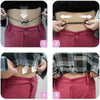 Four images showing an adjustable crop tuck band used to secure and shape tops on the torso.