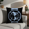 A decorative pillow case featuring a black and white design with the letters CA inside a globe outline