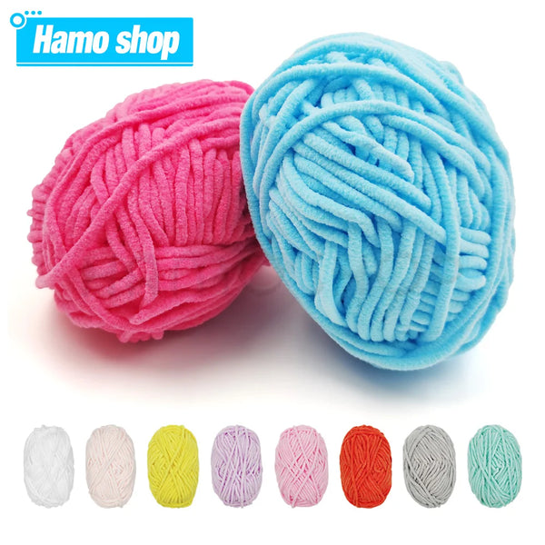 A collection of brightly colored soft velvet chenille yarn skeins in various shades including pink, blue, yellow, purple, and