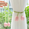 Pink tulip flower curtain tie backs with green stems and fabric