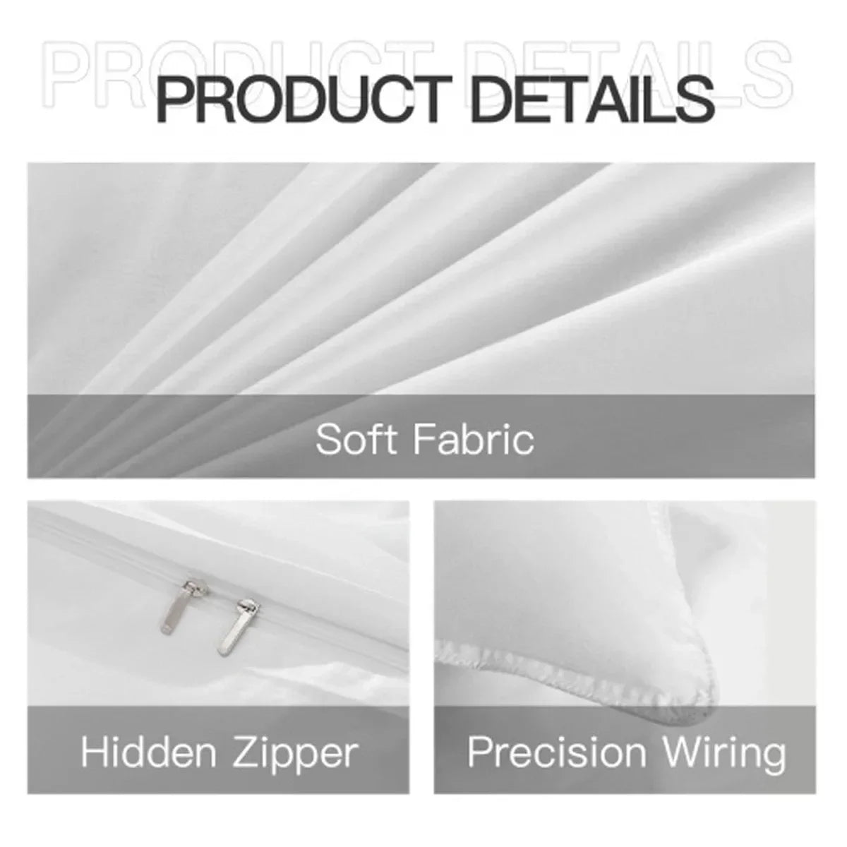 Close-up view of a white soft fabric duvet cover with hidden zipper and precision wiring details.