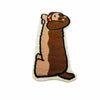 A brown cartoon cat plush rug with a white border and a red detail.