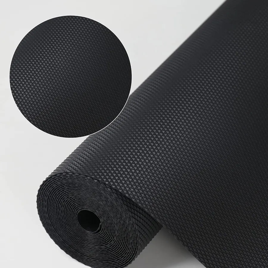 A roll of black reusable EVA drawer liners for kitchen and fridge, shown with a circular close-up.