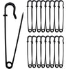 A set of heavy duty stainless steel safety pins in a black package, showing various sizes and styles.