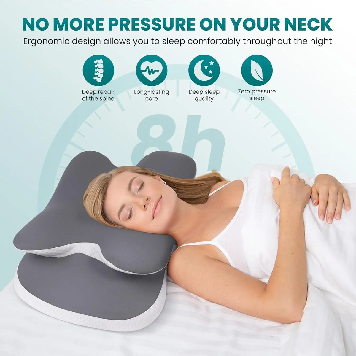 A woman sleeping comfortably on a gray ergonomic neck pillow designed for support and pain relief.