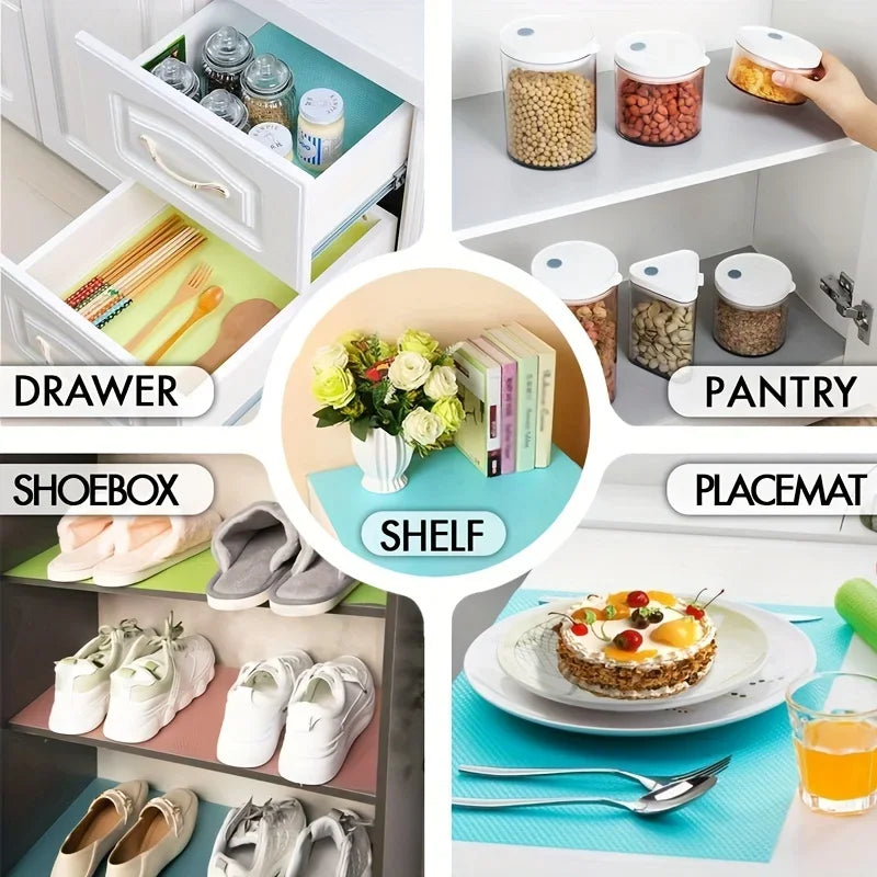 A collection of reusable EVA fridge shelf liners, including drawers, pantry containers, shelves, and placemats.