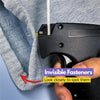 A hand uses an invisible fastener tool to repair a denim garment, showing how to spot the fasteners.