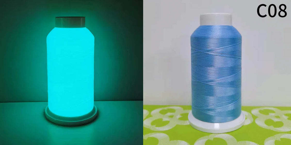 A spool of bright blue glow in the dark embroidery thread next to a glowing light bulb.
