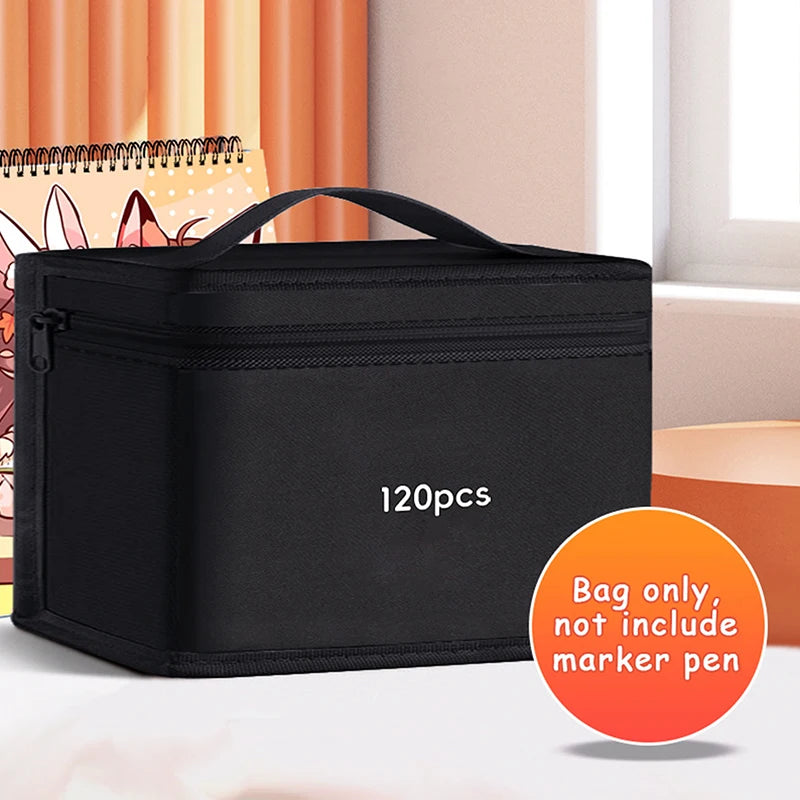 Black portable marker storage pouch with a zipper, shown next to a window.