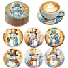 A set of six handmade holiday coasters featuring detailed illustrations of snowmen and winter scenes in diamond art style.