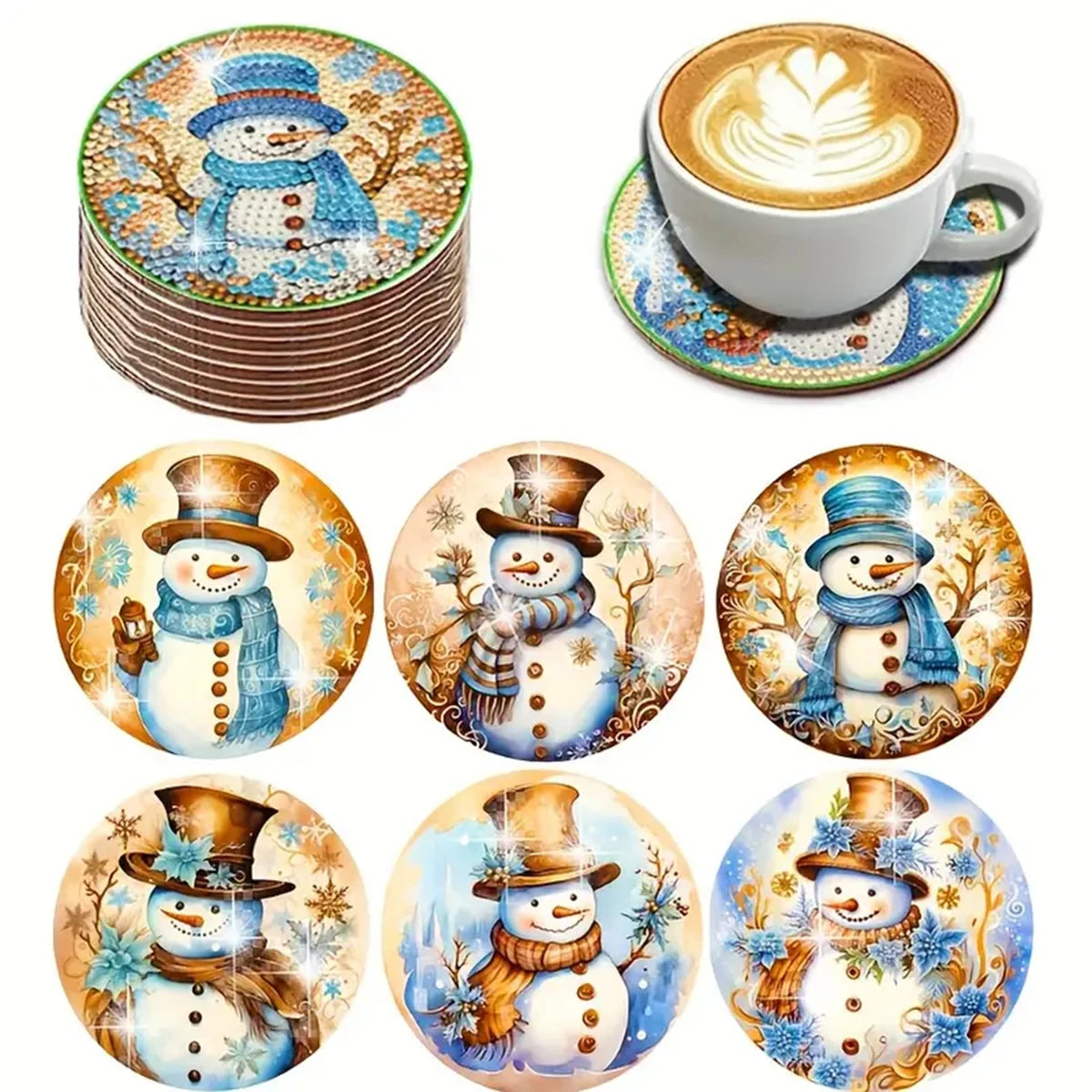 A set of six handmade holiday coasters featuring detailed illustrations of snowmen and winter scenes in diamond art style.
