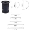 A spool of black waxed thread and various lengths of silver sewing needles.