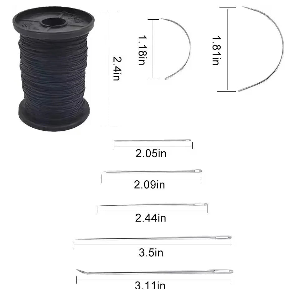 A spool of black waxed thread and various lengths of silver sewing needles.
