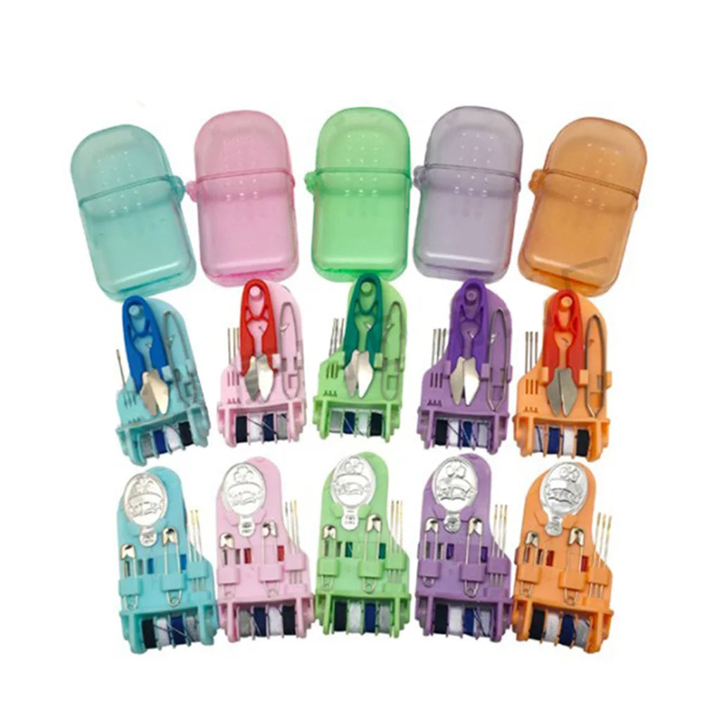 A set of ten portable sewing kits in various pastel colors including pink, green, purple, and orange.