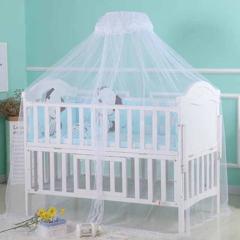 White foldable mosquito net canopy draped over a crib or cot.