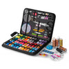 A black zippered case containing a complete sewing kit for handicrafts and embroidery, including various needles, scissors, a