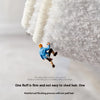A person is shown jumping onto a thick white fluffy mat, demonstrating its firm and non-shedding properties.