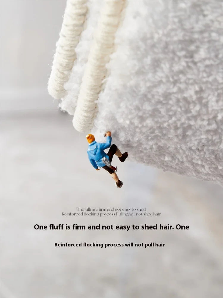 A person is shown jumping onto a thick white fluffy mat, demonstrating its firm and non-shedding properties.