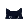 A pair of embroidered black cat iron-on patches with white eyes.