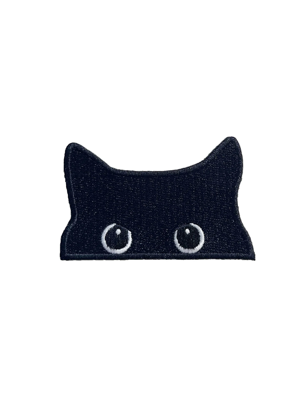 A pair of embroidered black cat iron-on patches with white eyes.