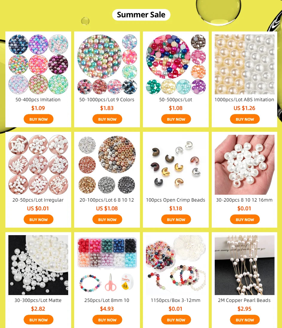 Various imitation pearl beads in different colors and sizes for DIY jewelry making projects