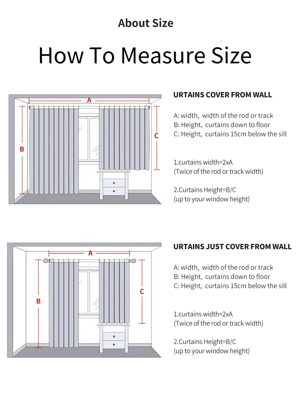 Diagram showing how to measure size for curtains covering from wall and just covering from wall.
