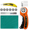 A yellow precision rotary cutting kit with six blades and a measuring scale is shown.