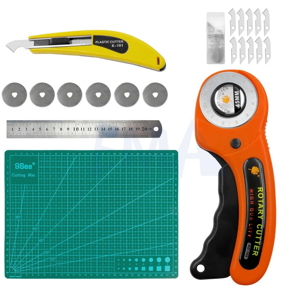 A yellow precision rotary cutting kit with six blades and a measuring scale is shown.