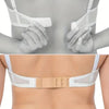Close-up view of adjustable bra extender straps being used on a person's back and chest area.